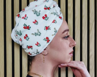 Organic printed cotton gauze hair turban towel and bamboo sponge - skincare routine - hair care - print of your choice
