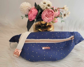 Blue double gauze cotton fanny pack with gold polka dots - gray interior - small pouch - AVAILABLE NOW