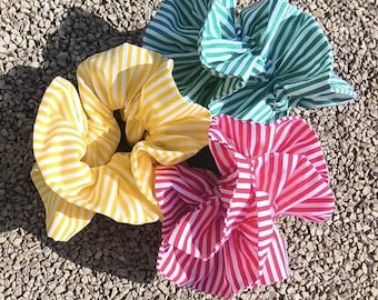Large ruffled scrunchie, striped cotton in yellow, green or red, handmade