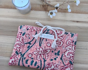 Quilted cotton book cover with hand block print, Indian fabric book cover, health record book cover, planner pocket, handmade