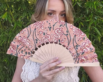 Handcrafted fans in Indian fabric with handbock print - with pouch - several designs available - L&A creation -