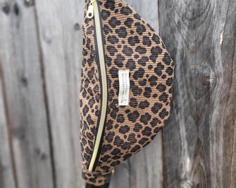 Handmade leopard print corduroy belt bag, gold lurex strap, women's crossbody belt bag, optional interior pouch