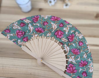 Handcrafted fans in Indian fabric with handbock print - with pouch - several designs available - L&A creation -