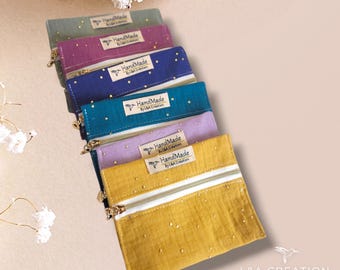 Small cotton gauze coin purse or card holder with gold polka dots - 23 colors to choose from - cotton - zip closure - handmade