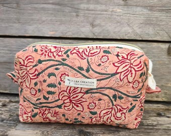 Unique quilted makeup bag, Indian hand-block print fabric, limited edition boho toiletry bag, handmade in France