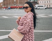 Wool knitted coat.Chunky knit cardigan for woman.Knitting cardigan.Oversized pink sweater with free delivery