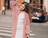 Wool knitted coat.Chunky knit cardigan for woman.Knitting cardigan.Oversized pink sweater with free delivery