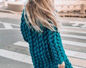 Wool knitted coat.Green wool cardigan.Chunky knit cardigan.Oversized viridian green sweater with free delivery