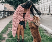 Wool knitted coat.Chunky knit cardigan for woman.Knitting cardigan.Oversized pink sweater with free delivery
