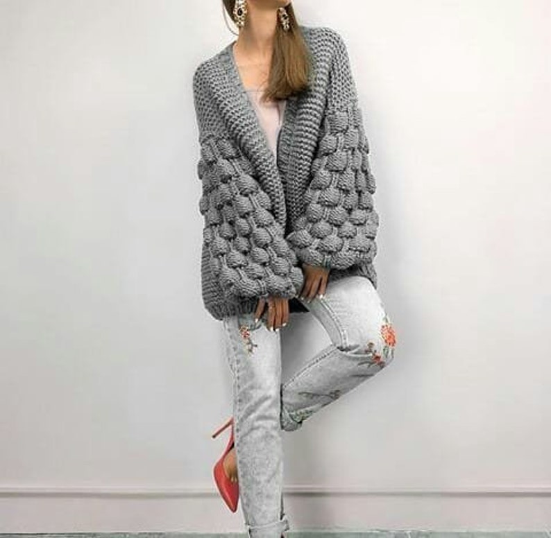 Wool knitted coat.Chunky knit cardigan.Cocoon cardigan.Oversized gray sweater with free delivery