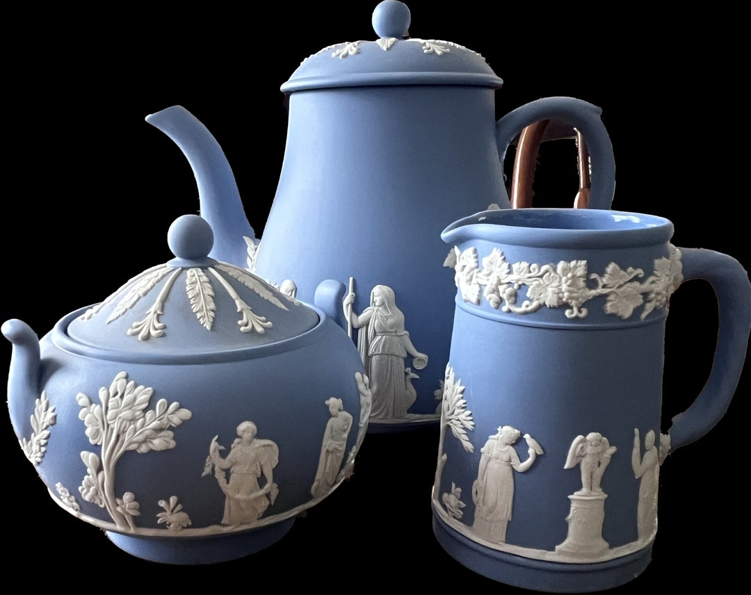 Rare Vintage Wedgewood Jasperware Coffee Pot, Creamer and Lidded Sugar