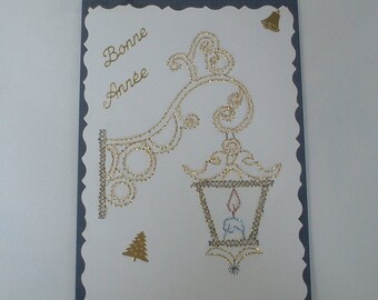 4 - Carte de voeux brodée lampion bonne année