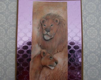 143 - Carte de voeux  couple de lions dans la savane