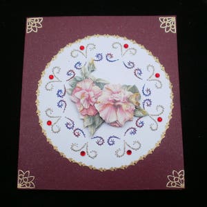 61 Carte de voeux  brodée et fleur lavatère rose en 3d