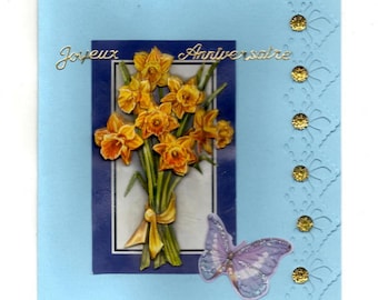 357 - Greeting card happy birthday bouquet of daffodils