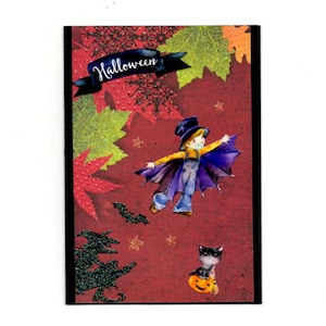 306 -Carte de voeux  hallowen citrouille chat noir sorcier et sorciere