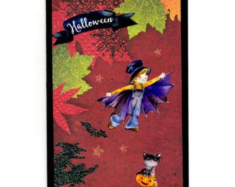 306 - Halloween Pumpkin witch black cat and witch greeting card