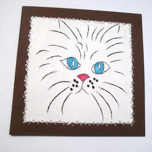 123- Carte de voeux  brodée tete de chat