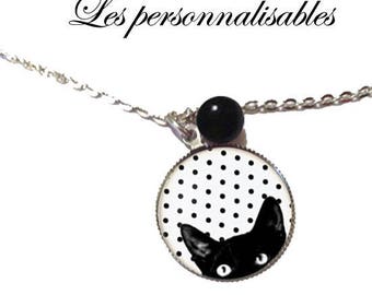 NECKLACE cute curious black cat under glass dome