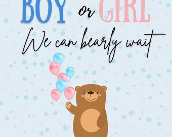 Bearly Wait Gender Reveal Template, Bear, Blue Bear Baby Gender Reveal Invitation, Template, Editable Invitation Canva. Digital