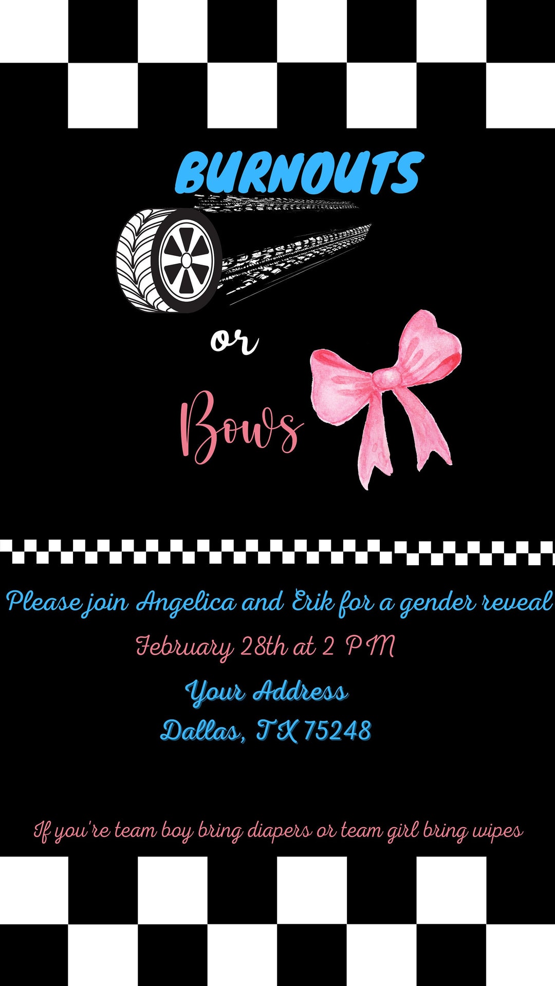 Burnouts or Bows Gender Reveal Invitation Racing Theme Gender Etsy
