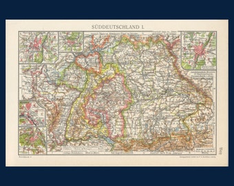 Vintage Bavaria map. Germany map. Bavaria Germany. Map of Germany. German wall art. German gift. German home decor. German souvenir.  1930