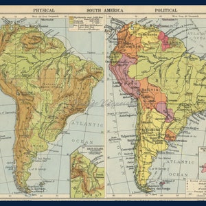 Vintage Südamerika Karte. Doppelseitig. Mittelamerika Karte. Westindien Karte. Südamerika Druck. Südamerika-Dekor. Amerika Karte. 1945