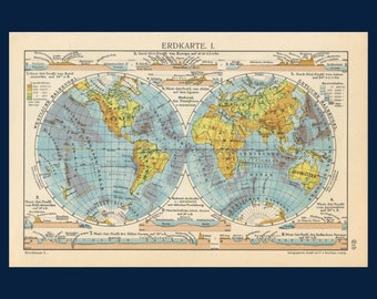 Vintage world map. World globe. World map wall art. Hemisphere map. World atlas print. Earth wall art. Cartography. Cartographer gift. 1930