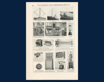 Vintage telephony print. Telegraphy print. Telecommunication history. Electrical telegraph. Semaphore. Engineering geek. Science gift 1929