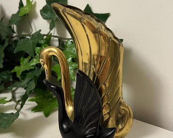 Vintage Brass Swan Vase | Black & Gold Hollywood Regency Planter
