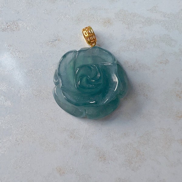 Grade A 18K gold icy bluish green jadeite jade Rose pendant