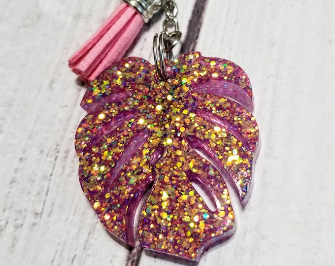 Pink Glitter Monstera Leaf Keychain