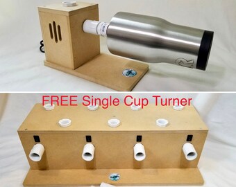 May include: A wooden single cup turner for sublimation projects. The turner has four slots for cups and comes with five white PVC pipes. The turner is made of plywood and has a natural wood finish. FREE Single Cup Turner is written on the front of the turner.