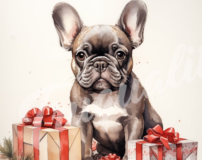 French Bulldog JPG, Christmas Clipart - Printable Clipart, High Quality JPG Download, Frenchie with Christmas Presents