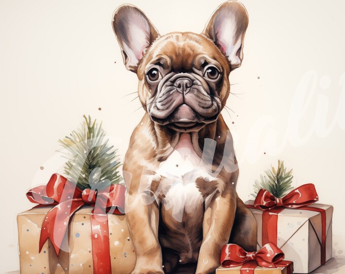 French Bulldog JPG, Christmas Clipart - Printable Clipart, High Quality JPG Download, Frenchie with Christmas Presents