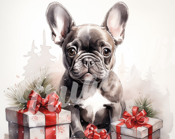 French Bulldog JPG, Christmas Clipart - Printable Clipart, High Quality JPG Download, Frenchie with Christmas Presents, Watercolor