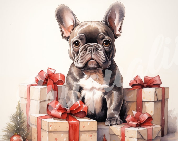 French Bulldog JPG, Christmas Clipart - Printable Clipart, High Quality JPG Download, Frenchie with Christmas Presents, Watercolor