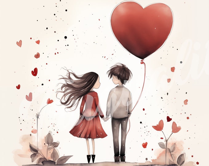 Watercolor Valentines Day Couple JPG, Couple, Valentines Day Clipart, V-Day - Printable Watercolor Clipart, High Quality JPG Download