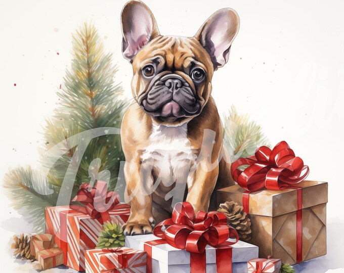 French Bulldog JPG, Christmas Clipart - Printable Clipart, High Quality JPG Download, Frenchie with Christmas Presents--