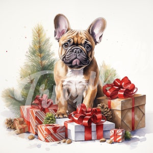 Französische Bulldogge JPG, Weihnachtsclipart - druckbare Clipart, hochwertige JPG-Download, Frenchie mit Weihnachtsgeschenken--