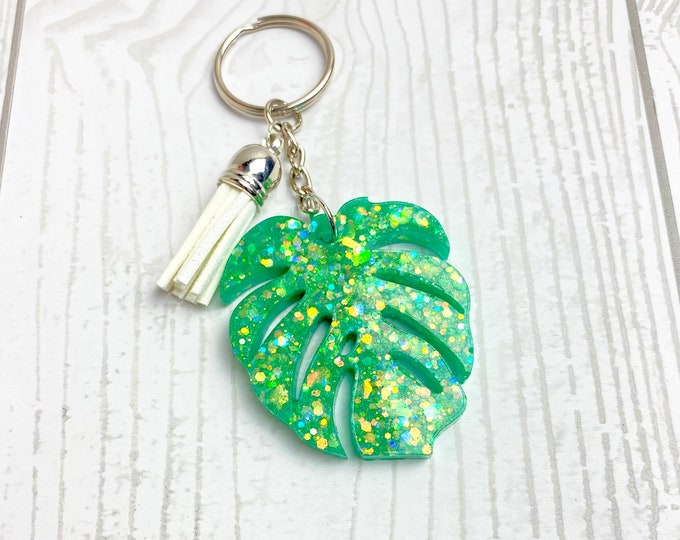 Green Glitter Monstera Leaf Keychain