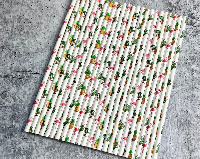 JUNE CLEARANCE - Tropical Theme Paper Straws - Set of 25 - Spring | Tropical | Drinking Straws - C93