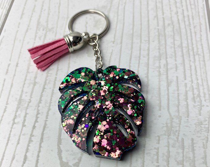 Pink Green Color Shift Glitter Monstera Keychain