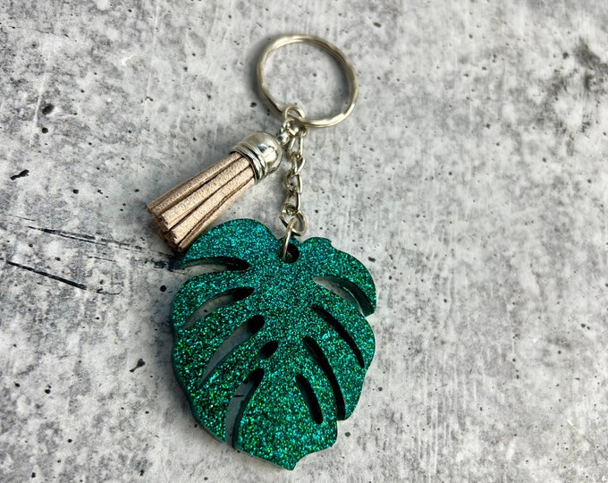 Green Glitter Monstera Leaf Keychain