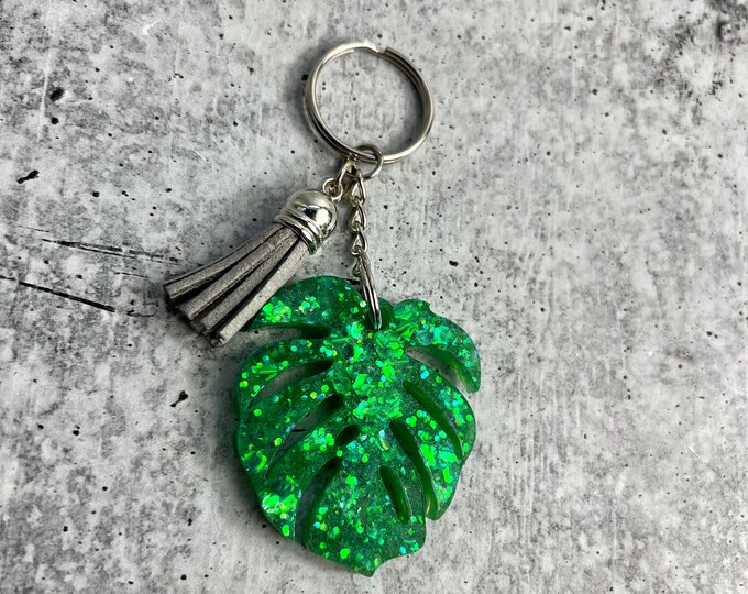 Green Glitter Monstera Leaf Keychain
