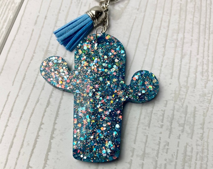 Blue Glitter Cactus Keychain