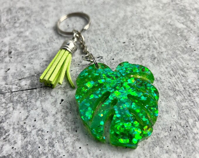 Green Glitter Monstera Leaf Keychain