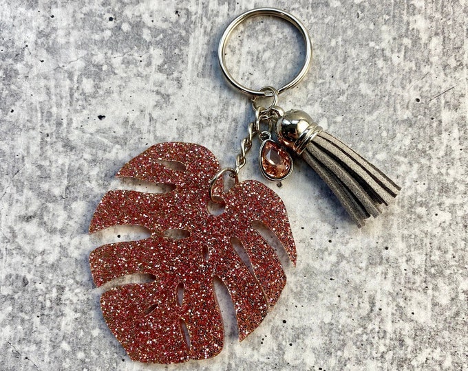 Rose Gold Acrylic Monstera Leaf Keychain
