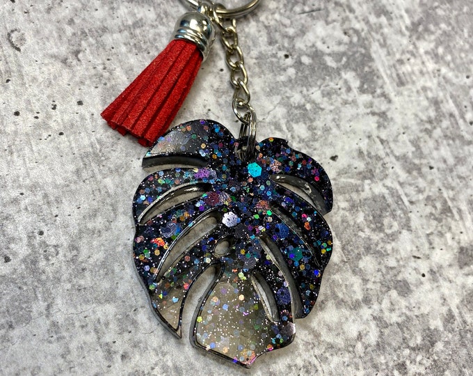Black Glitter Monstera Leaf Keychain