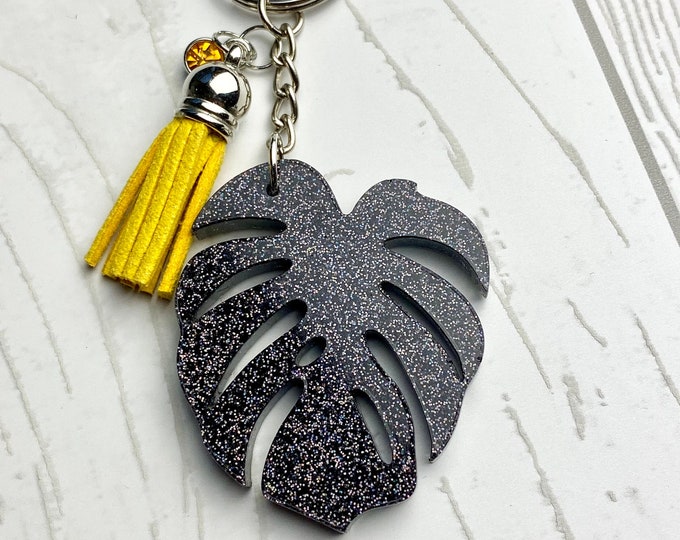 Black Glitter Monstera Leaf Keychain
